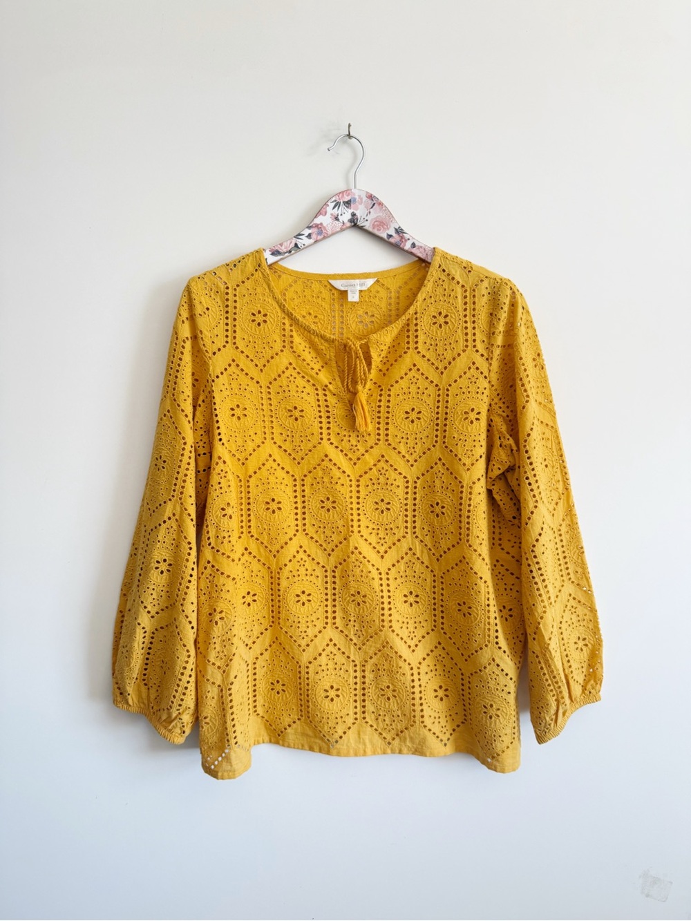 GARNET HILL Mustard Yellow Eyelet Tassel Tie Blouse Top S Small